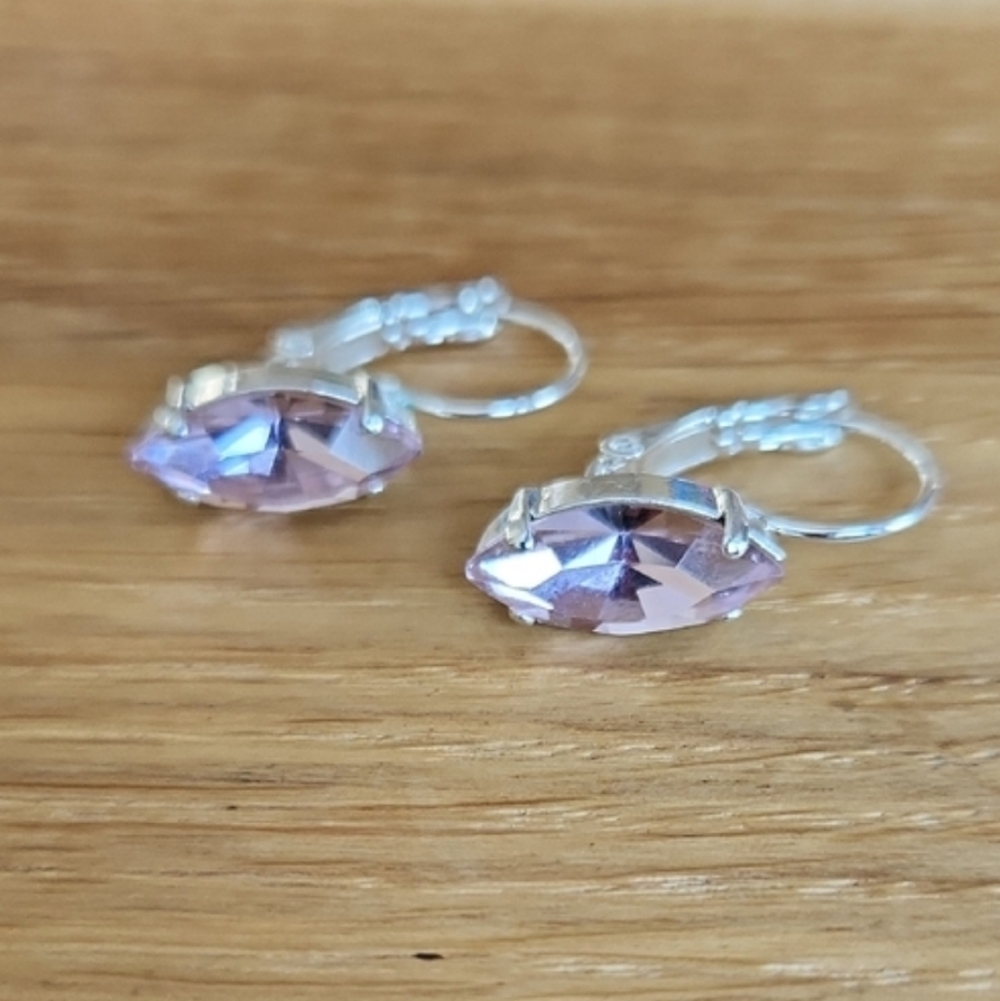 Silver Lever Back Drop Earrings, Light Pink Crystals, Hand Crafted - Picture 6 of 9